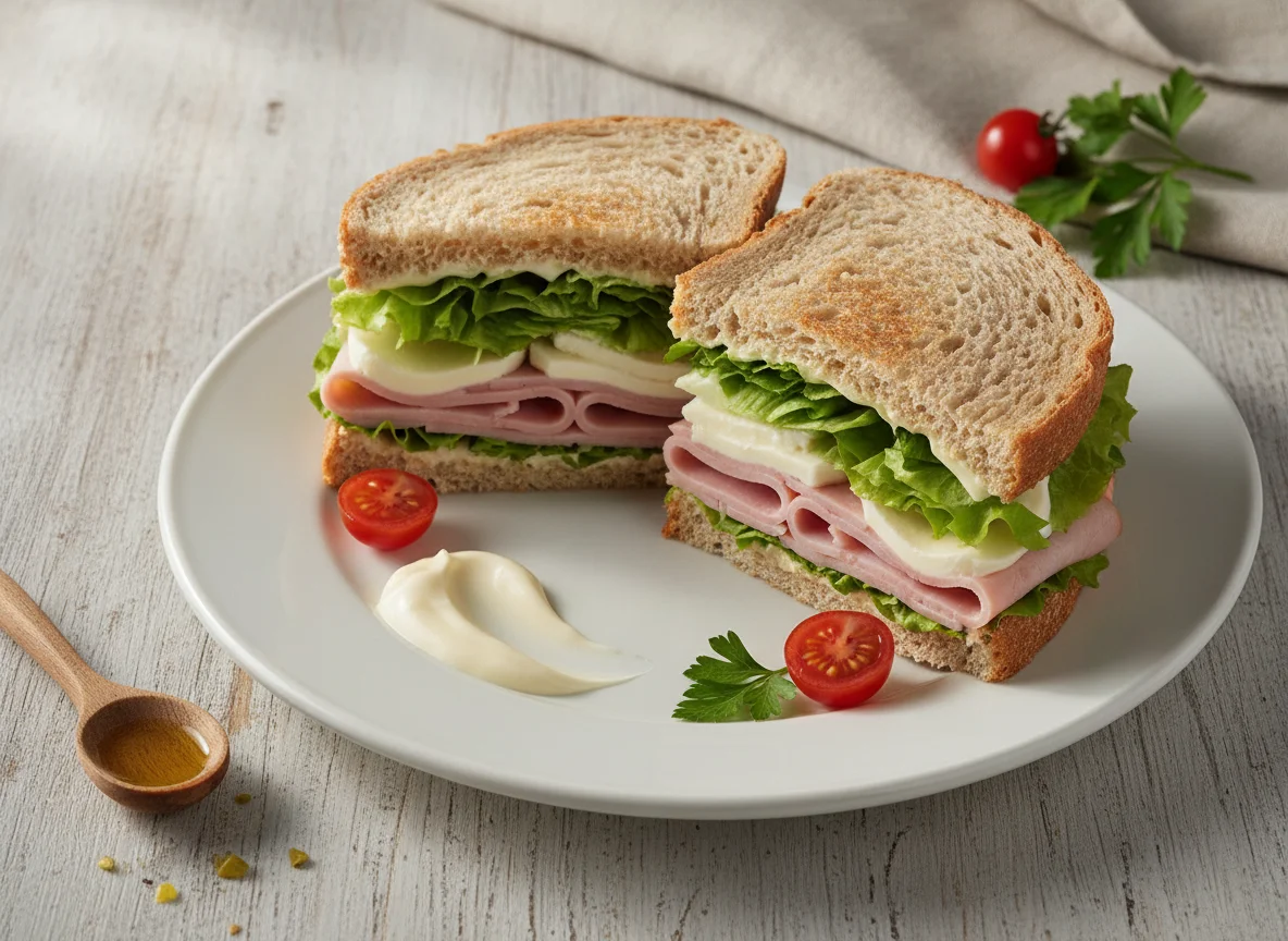 Sándwich de pan integral con jamón, queso y lechuga photo