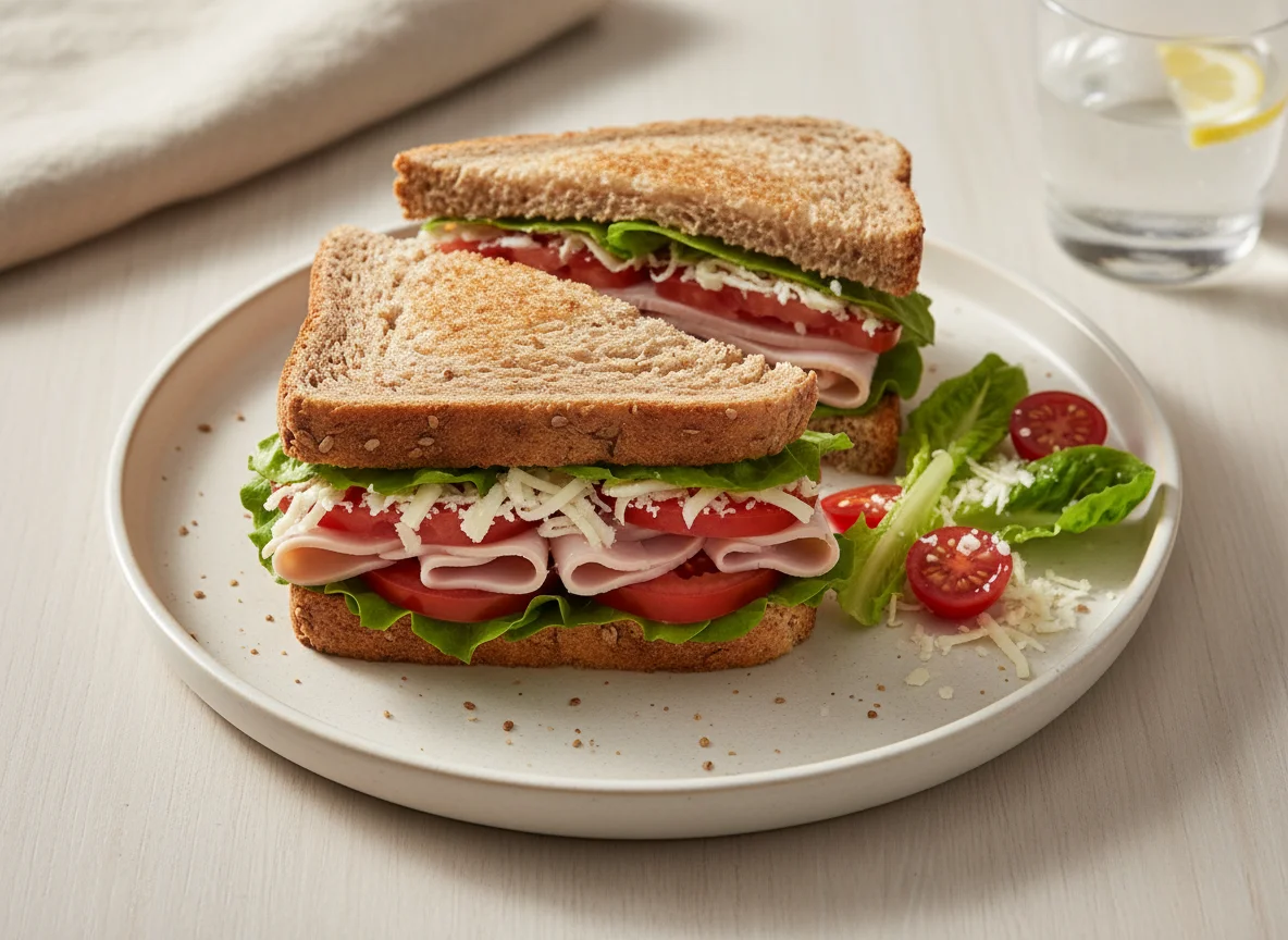 Sándwich de pan integral con jamón y vegetales photo