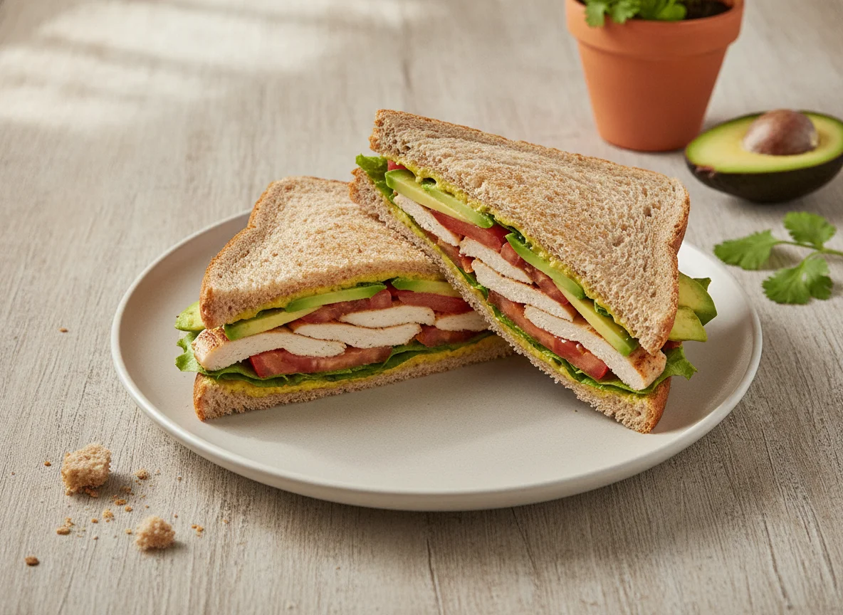Sándwich de pan integral con pollo y vegetales photo