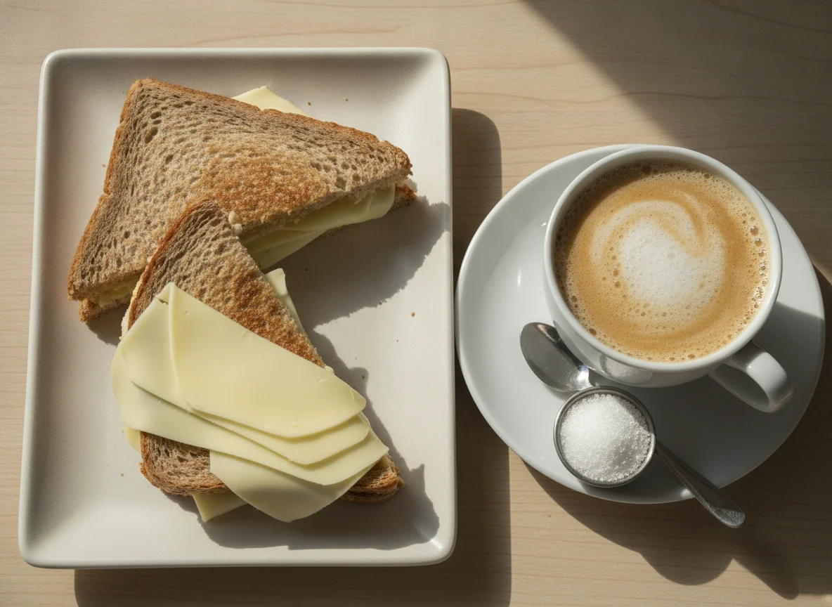 Sándwich de pan integral con queso y café con leche photo