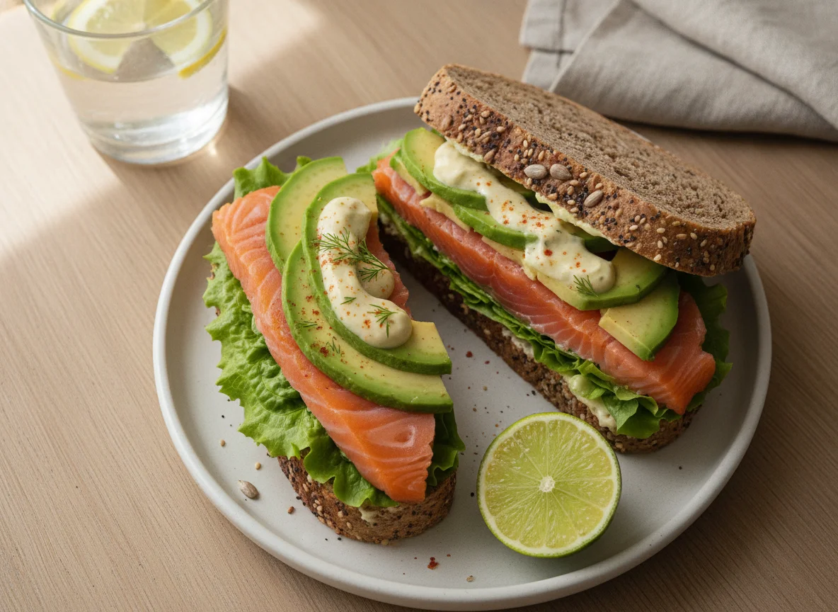 Sándwich de pan integral con salmón y aguacate photo