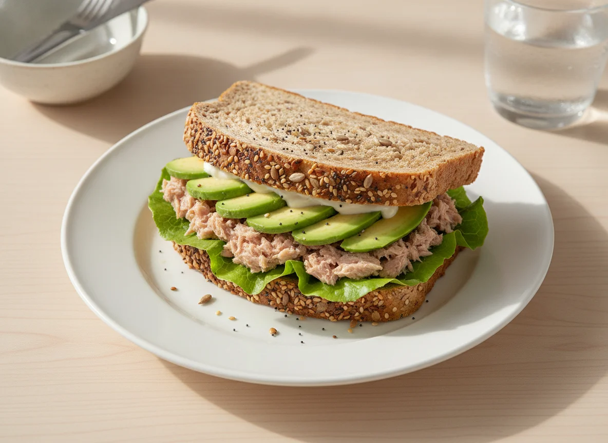 Sándwich de pan integral con semillas, atún y aguacate photo