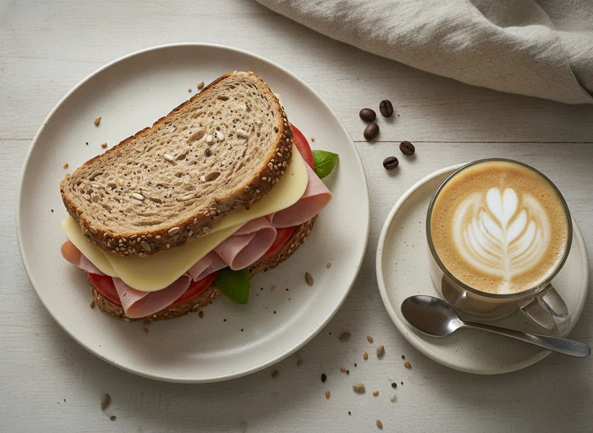 Sándwich de pan integral con semillas y café con leche photo