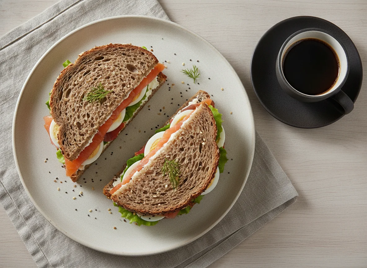 Sándwich de pan integral con semillas y salmón con café solo photo