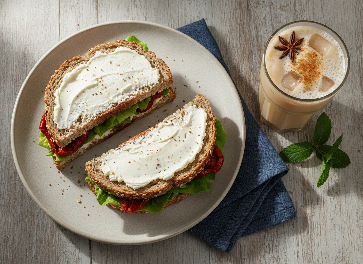 Sándwich de pan integral con semillas y Té Chai Latte frío photo