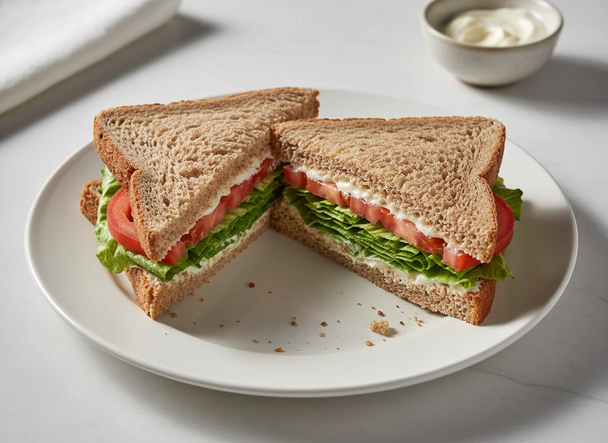 Sándwich de pan integral con tomate y lechuga photo
