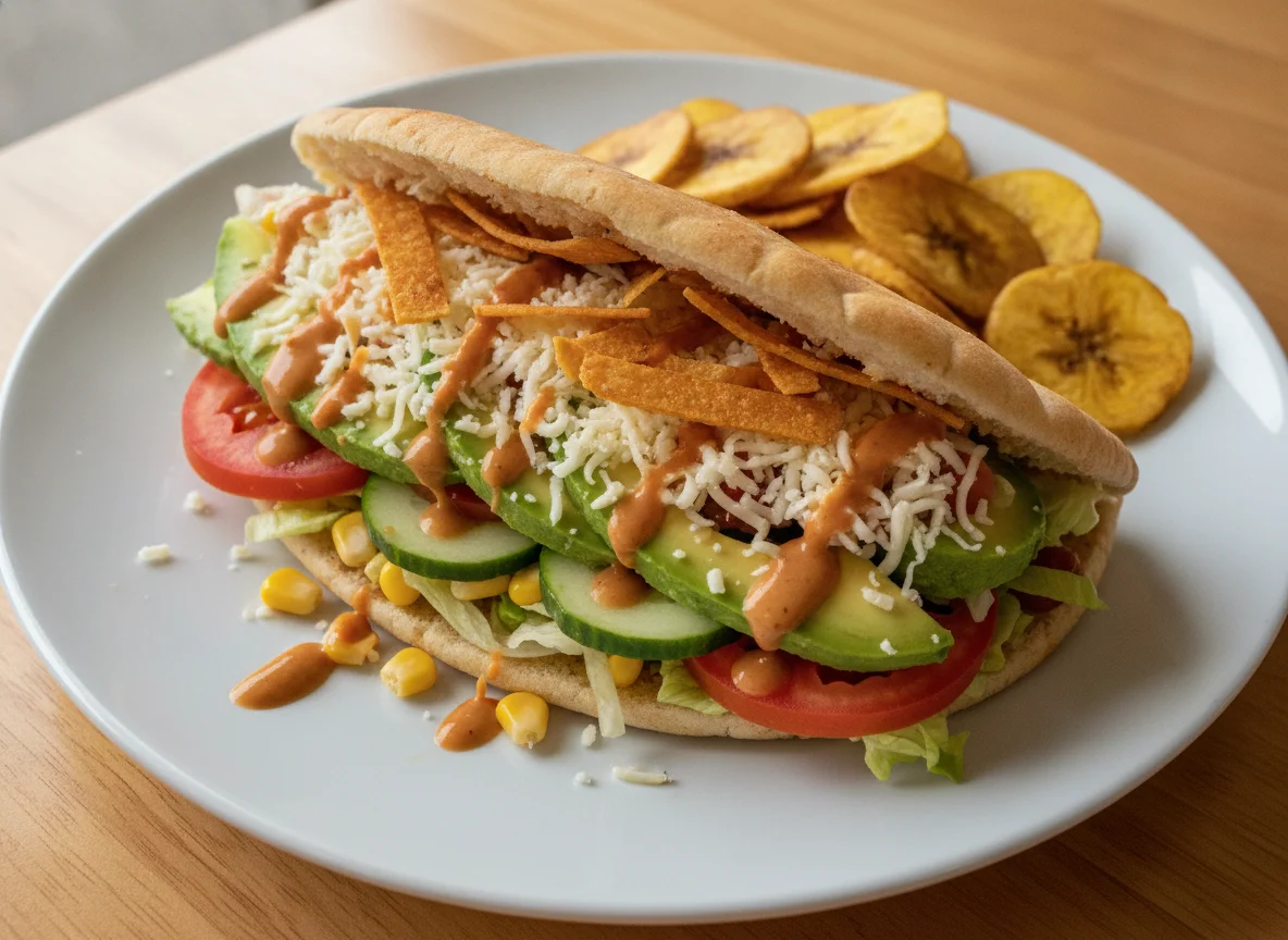 Sándwich de pan pita con ensalada y chips de plátano photo