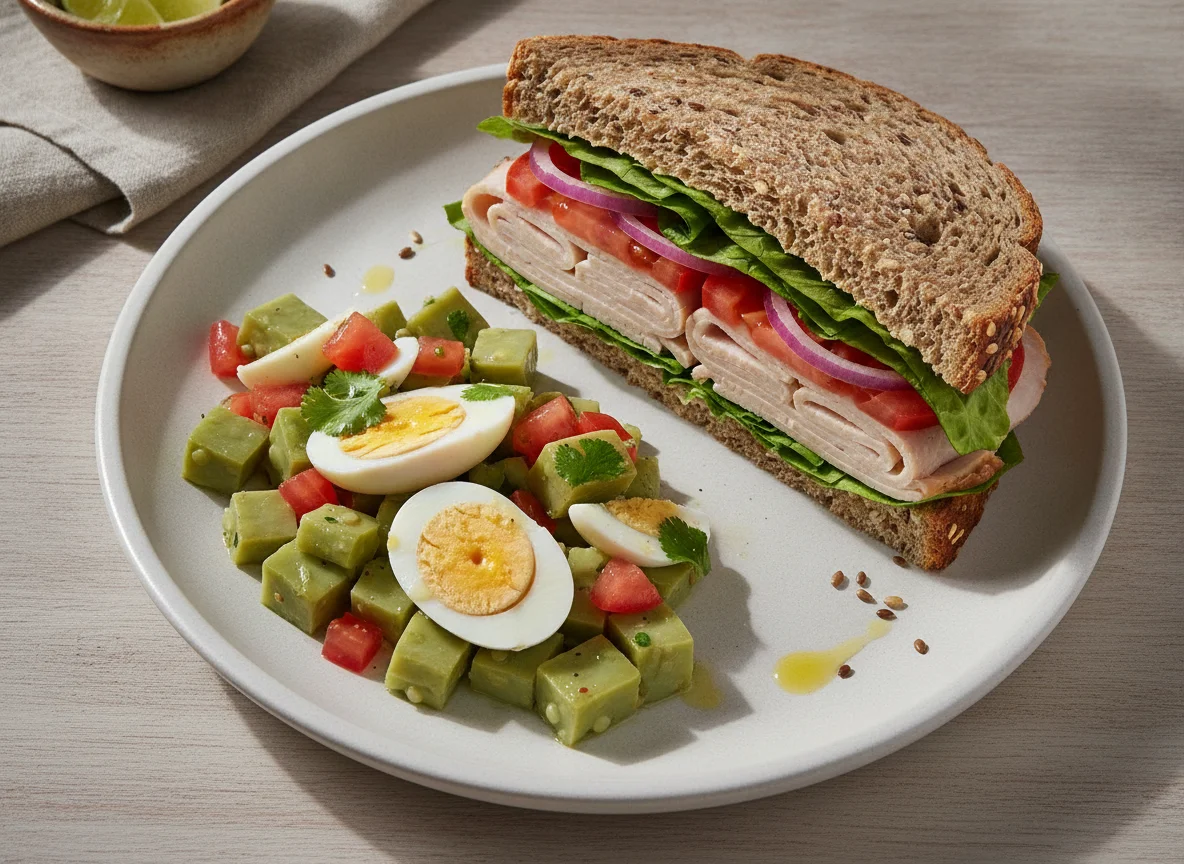 Sándwich de pavo con ensalada de nopales y huevo cocido photo