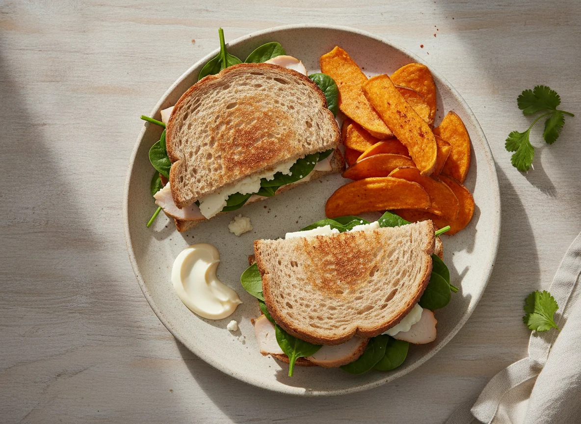 Sándwich de pavo con espinacas y chips de camote photo