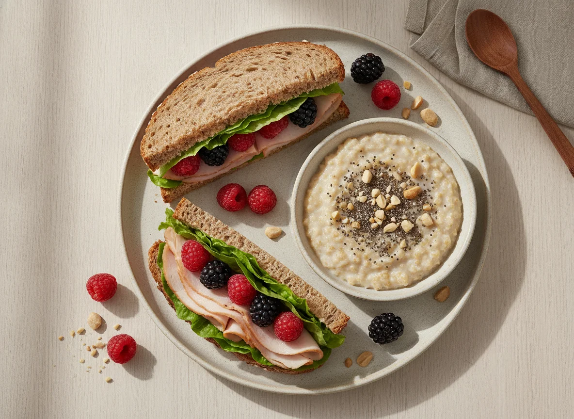Sándwich de pavo con frutos rojos y avena con chía photo