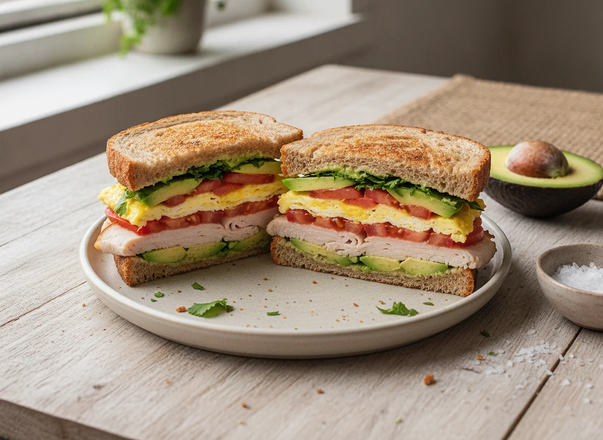 Sándwich de pavo, huevo, tomate y aguacate photo
