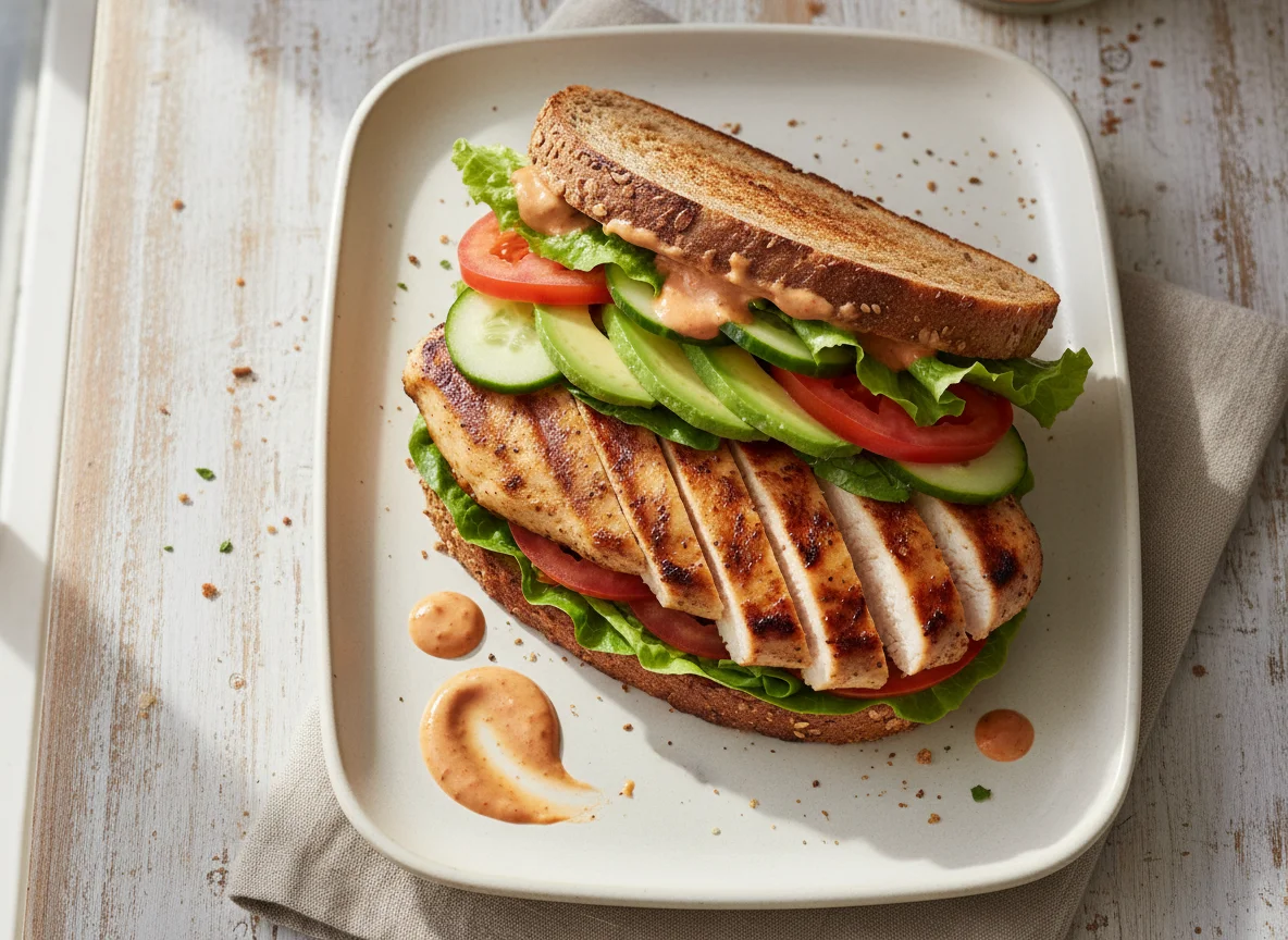 Sándwich de pollo a la parrilla con aguacate y verduras photo
