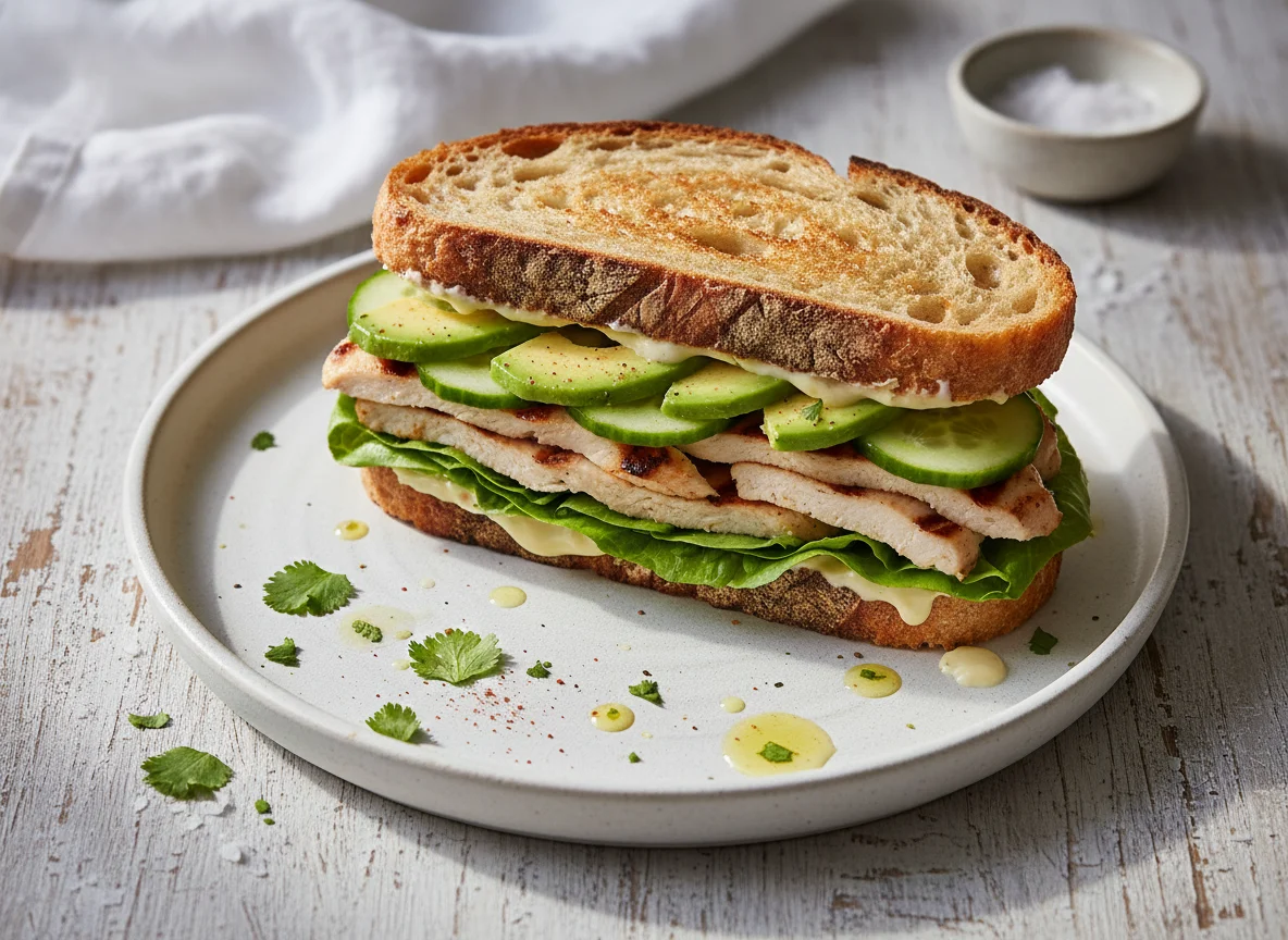 Sándwich de pollo con aguacate y pepino photo