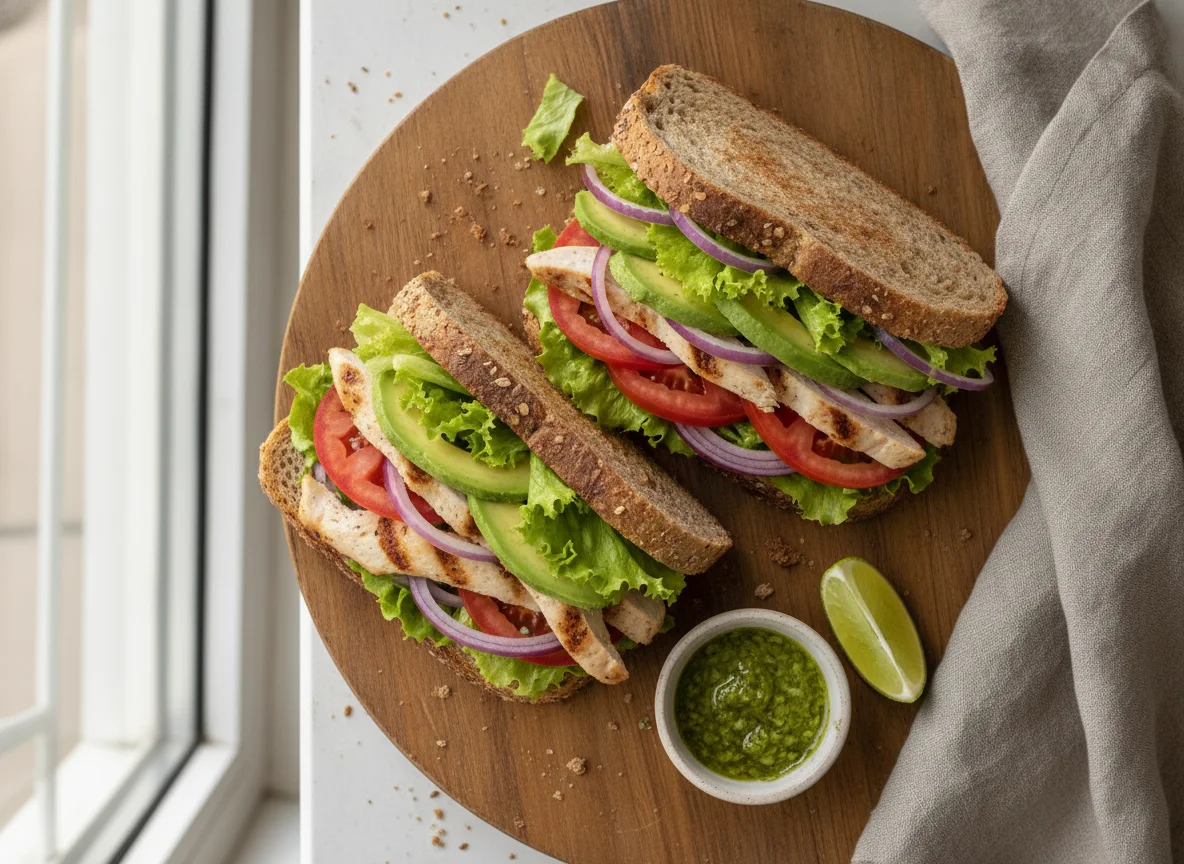 Sándwich de pollo con aguacate y vegetales photo