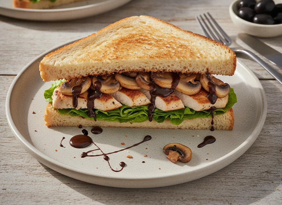 Sándwich de pollo con champiñones salteados y chocolate photo