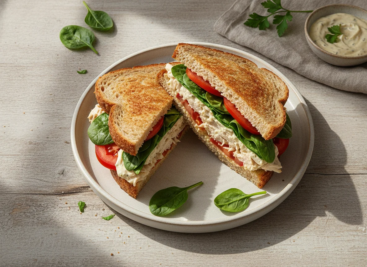 Sándwich de pollo con espinaca y tomate photo