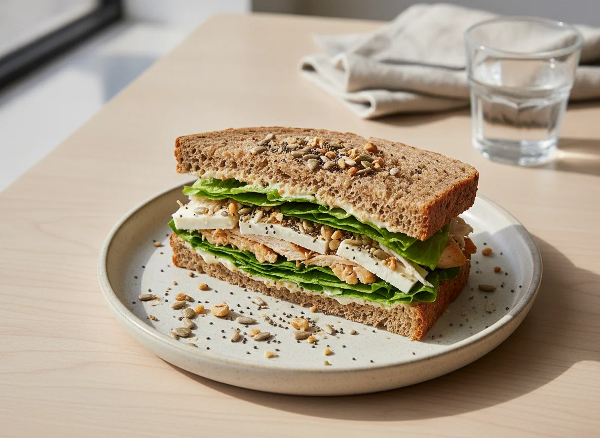 Sándwich de pollo con granos y semillas photo