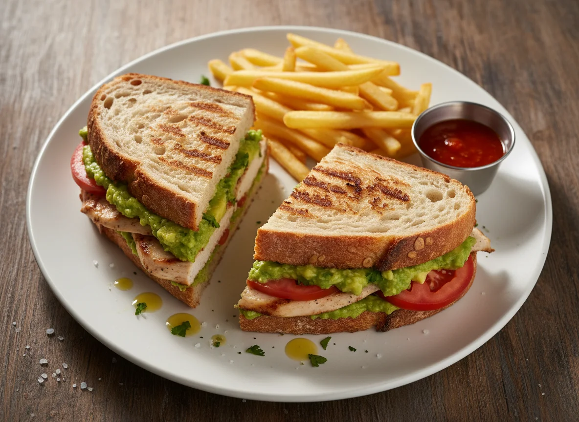Sándwich de pollo con palta y papas fritas photo