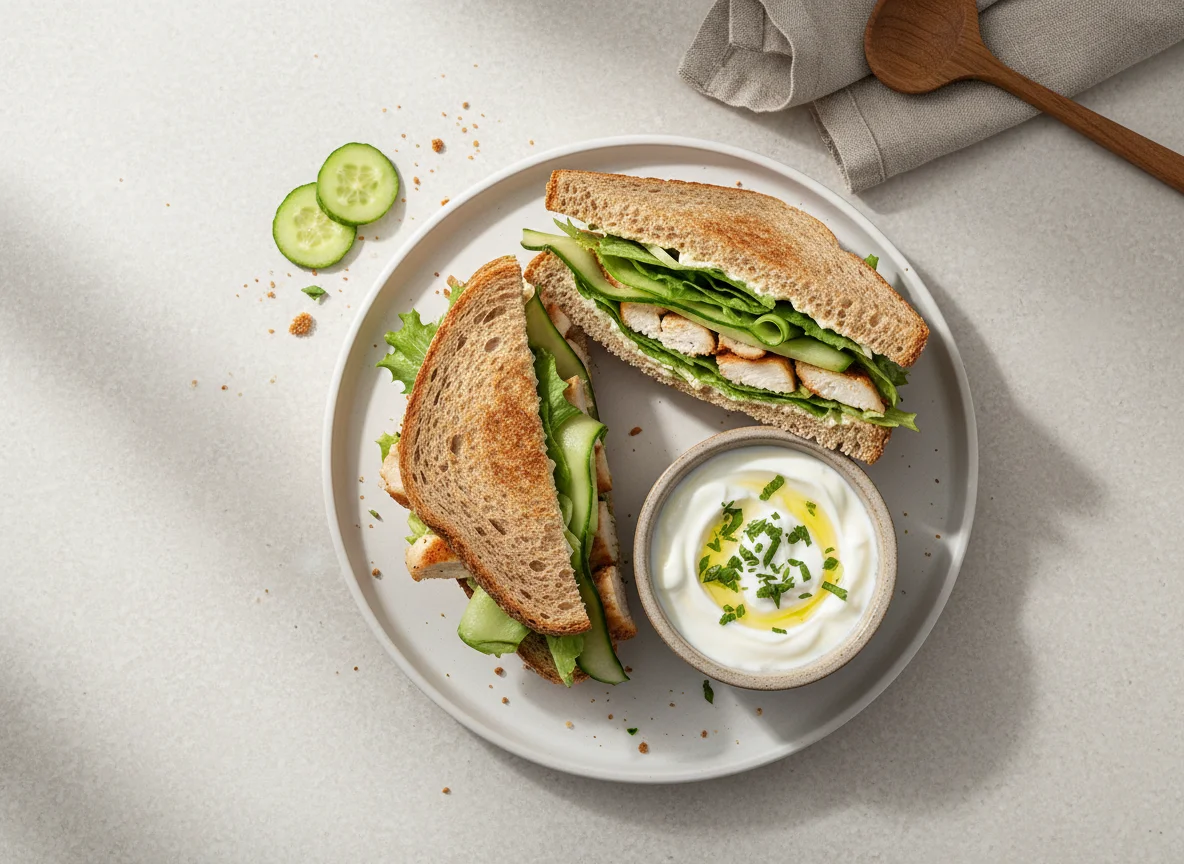 Sándwich de pollo con pepino y lechuga, y yogur griego photo