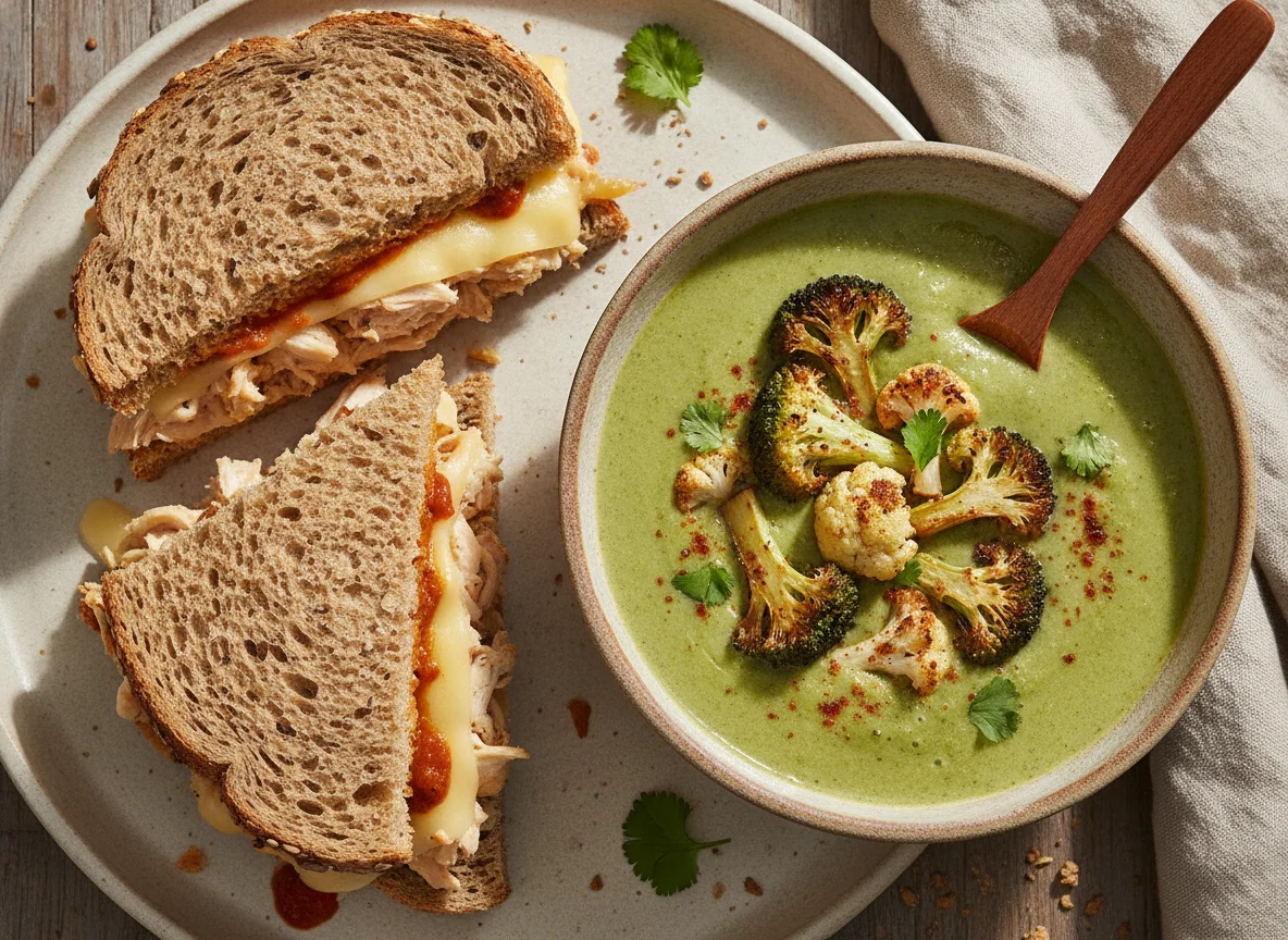 Sándwich de pollo con sopa de brócoli y coliflor rostizada photo