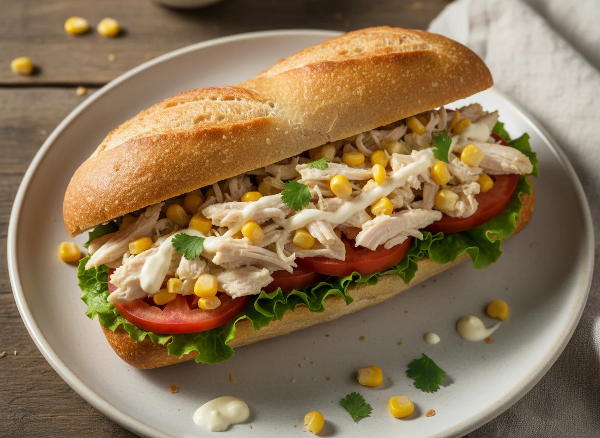 Sándwich de pollo desmechado con maíz y lechuga photo
