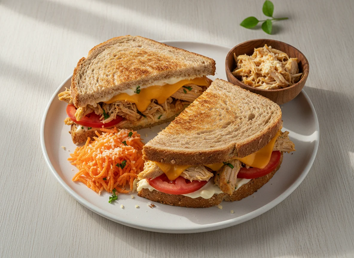 Sándwich de pollo desmechado y queso photo