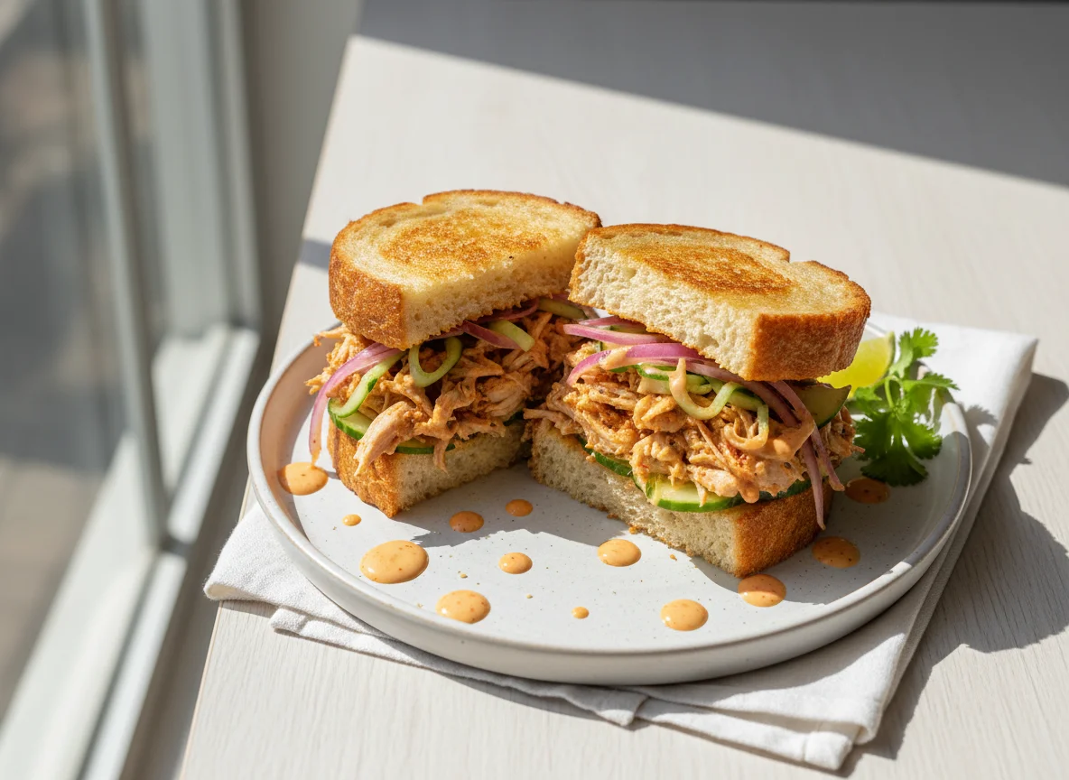 Sándwich de pollo desmenuzado con cebolla photo