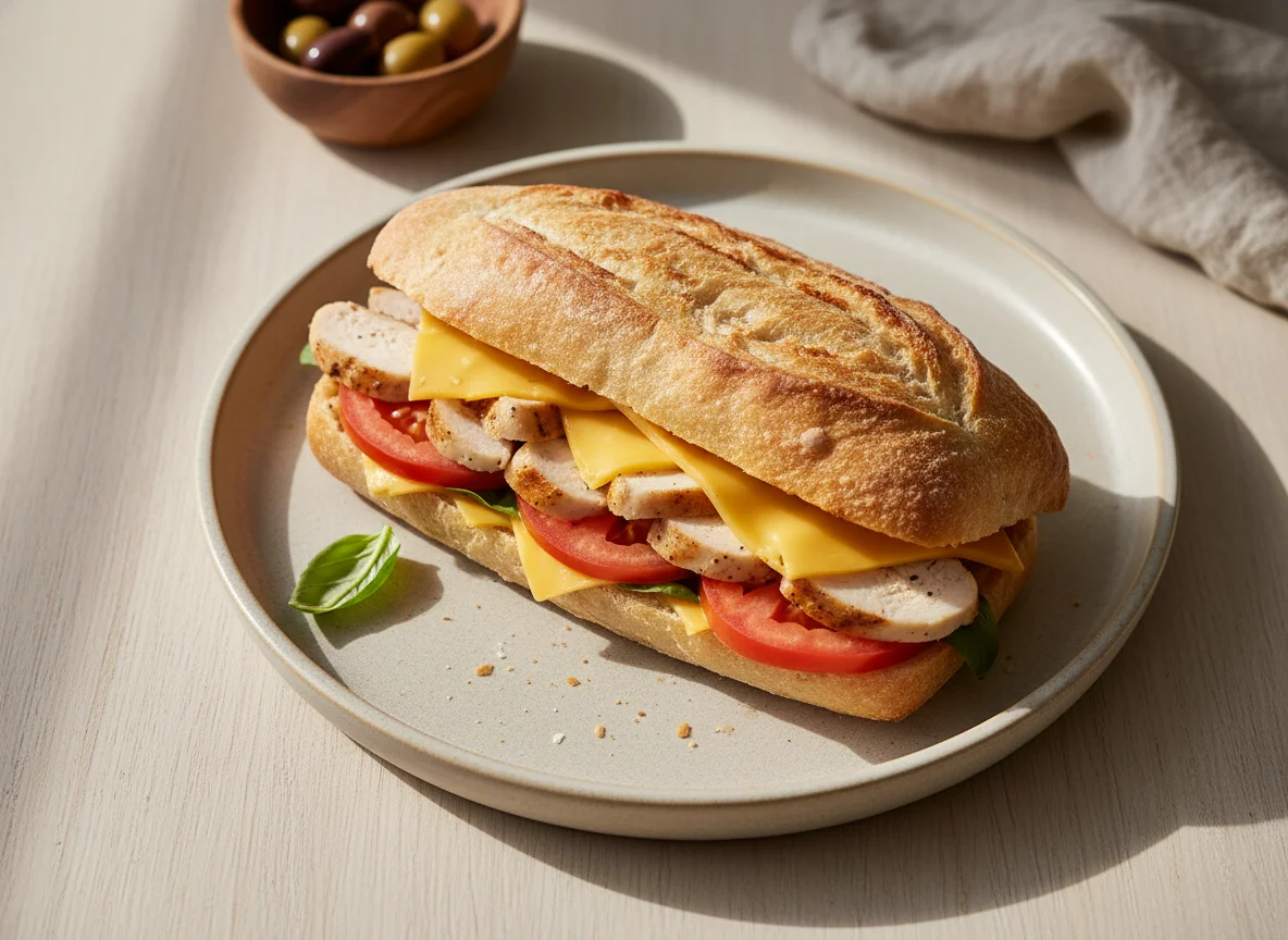 Sándwich de pollo, queso y tomate photo