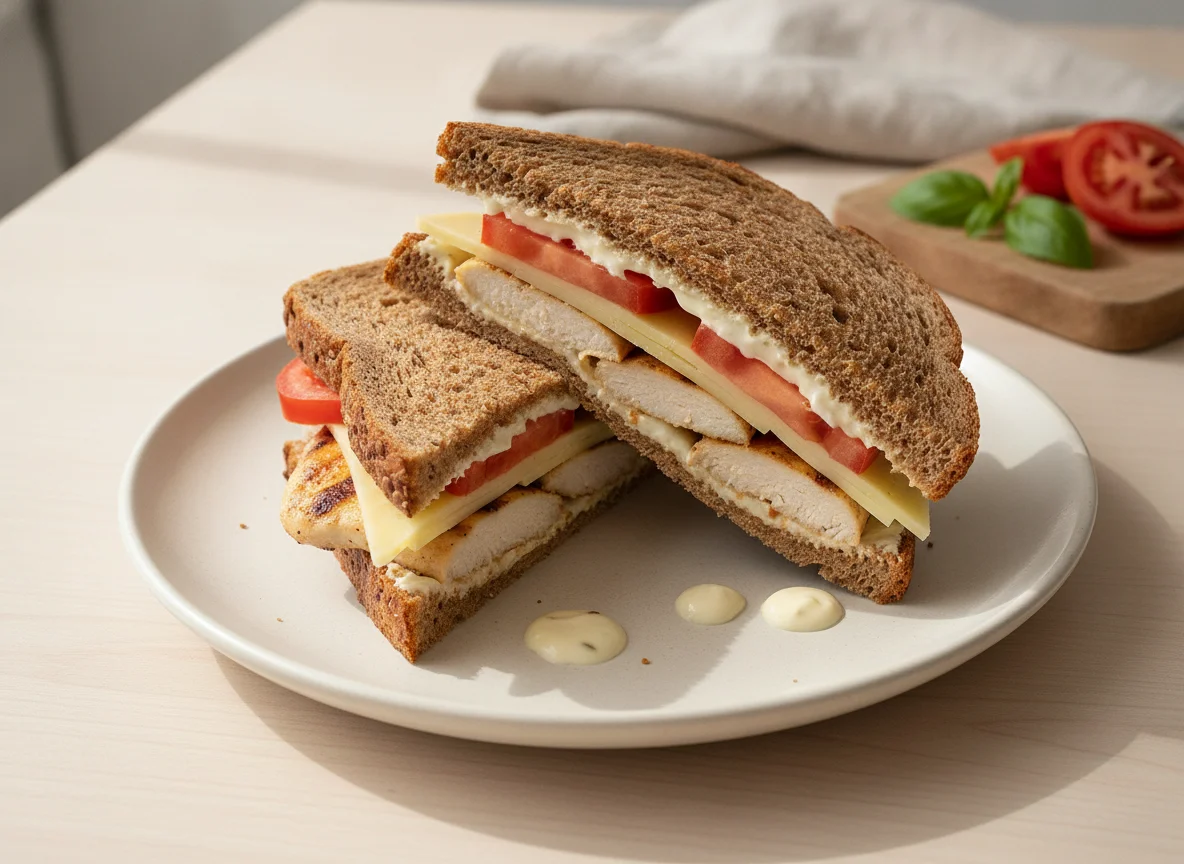 Sándwich de pollo, queso y tomate en pan integral photo