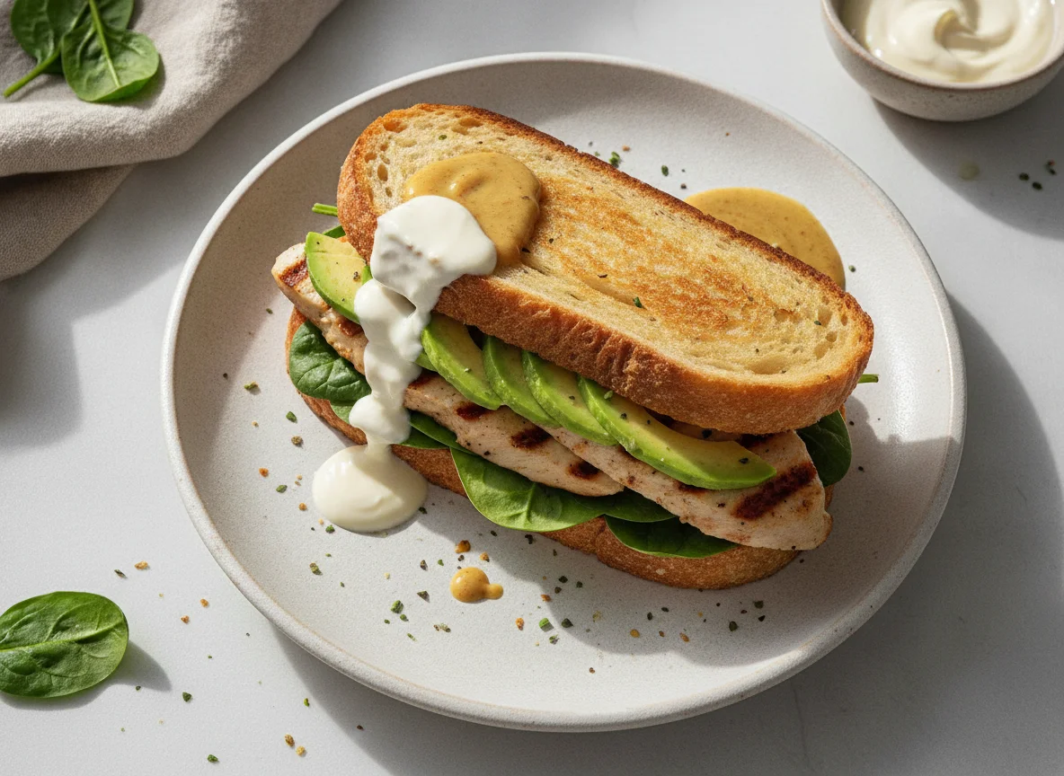 Sándwich de pollo y aguacate con salsas photo