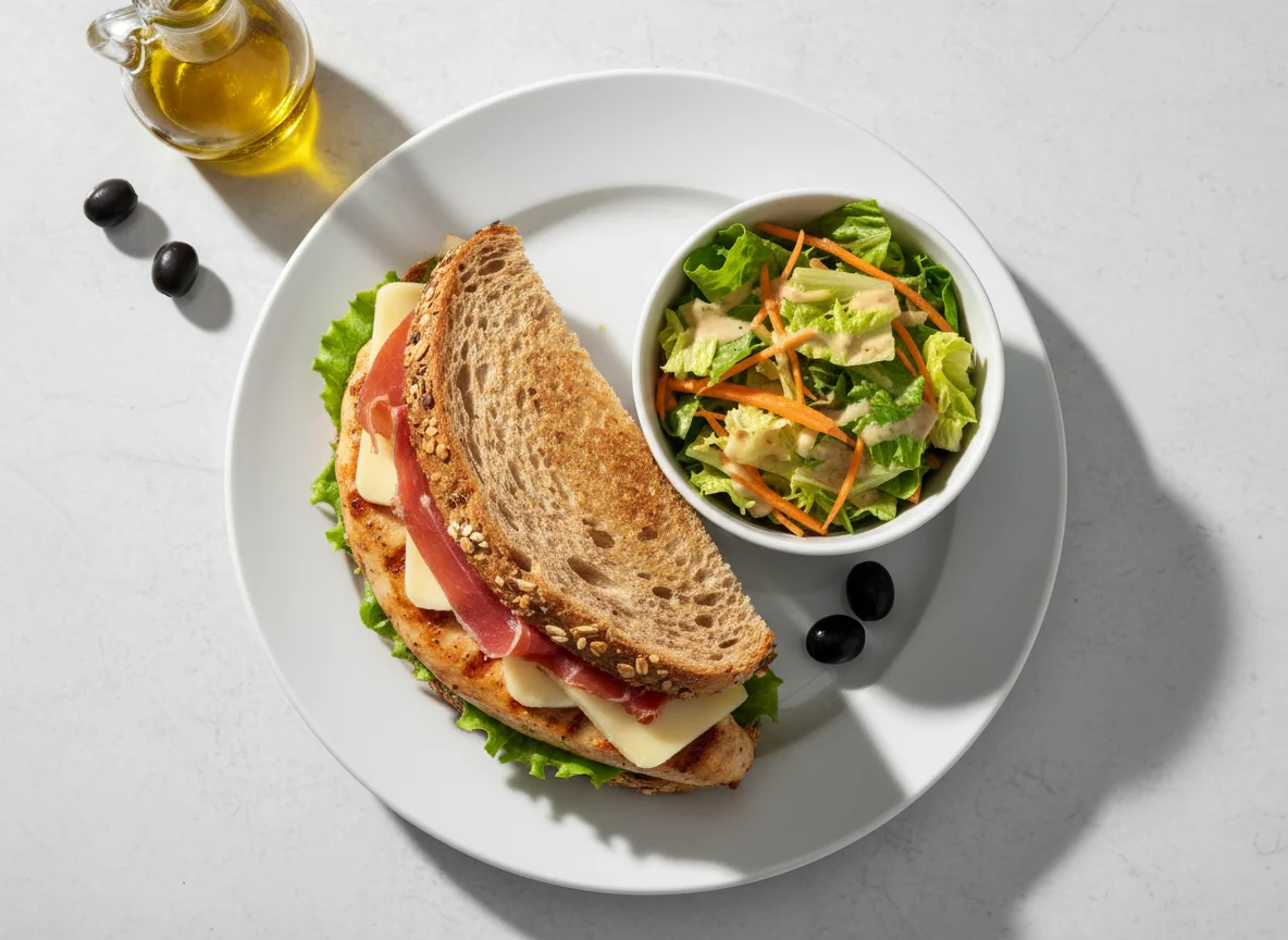 Sándwich de pollo y jamón serrano con ensalada photo