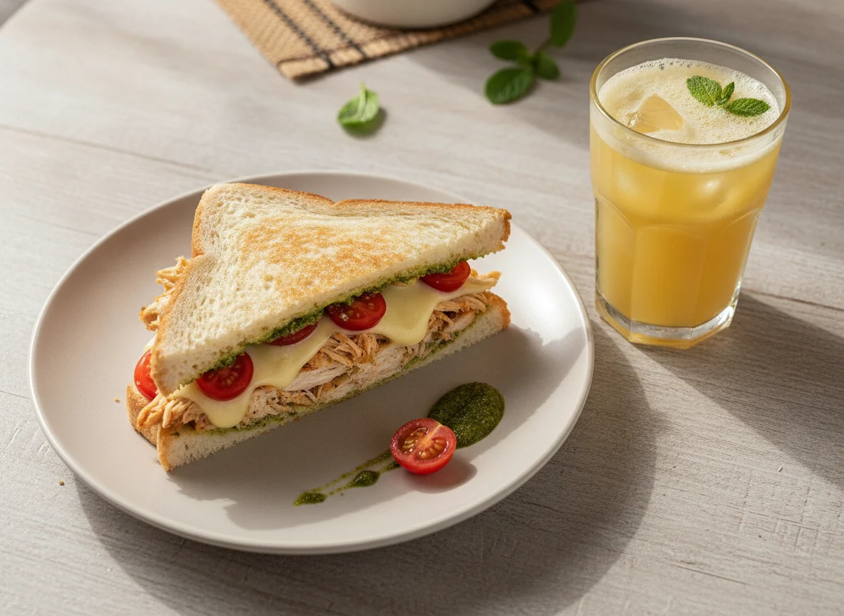 Sándwich de pollo y queso con jugo de piña photo