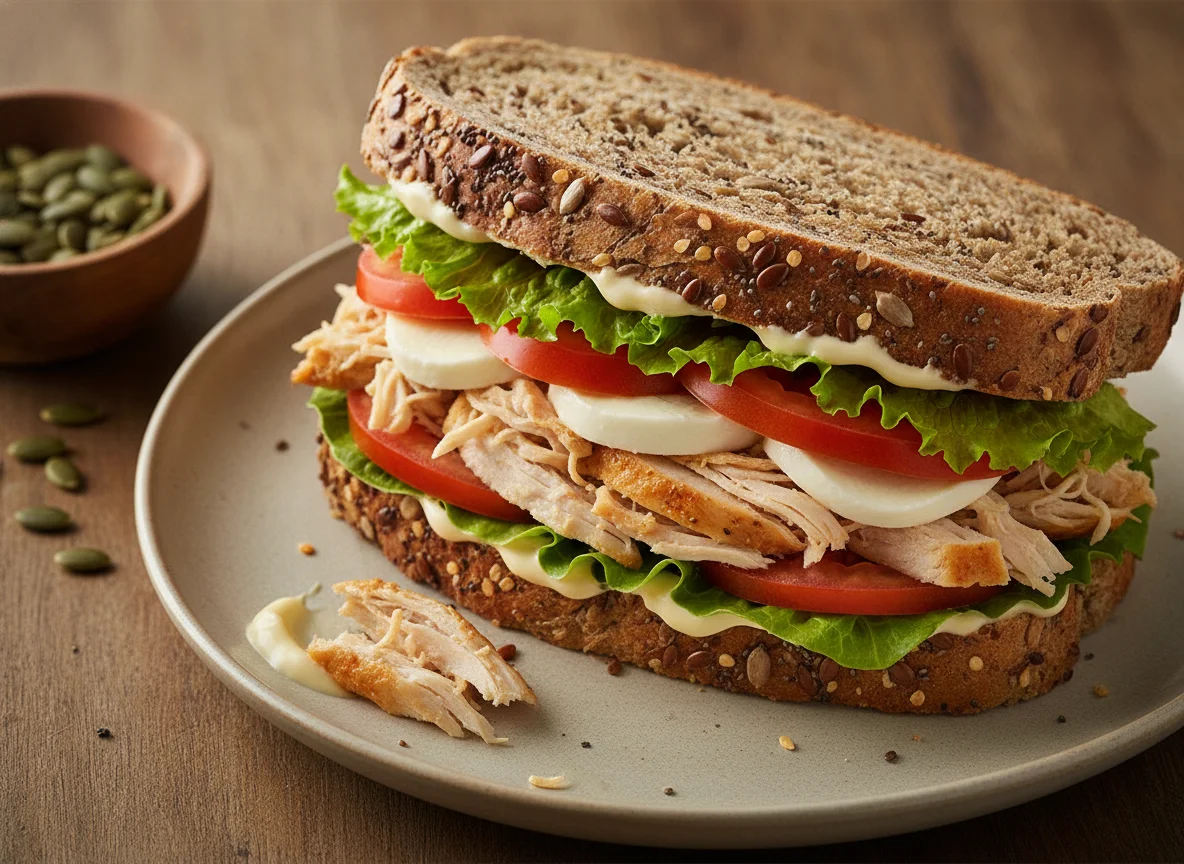 Sándwich de pollo y queso en pan integral photo