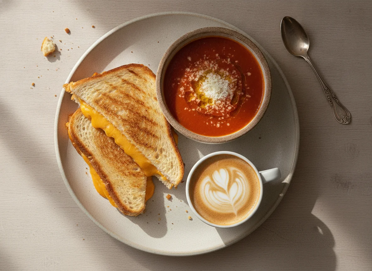 Sándwich de queso a la parrilla con sopa de tomate y café con leche photo