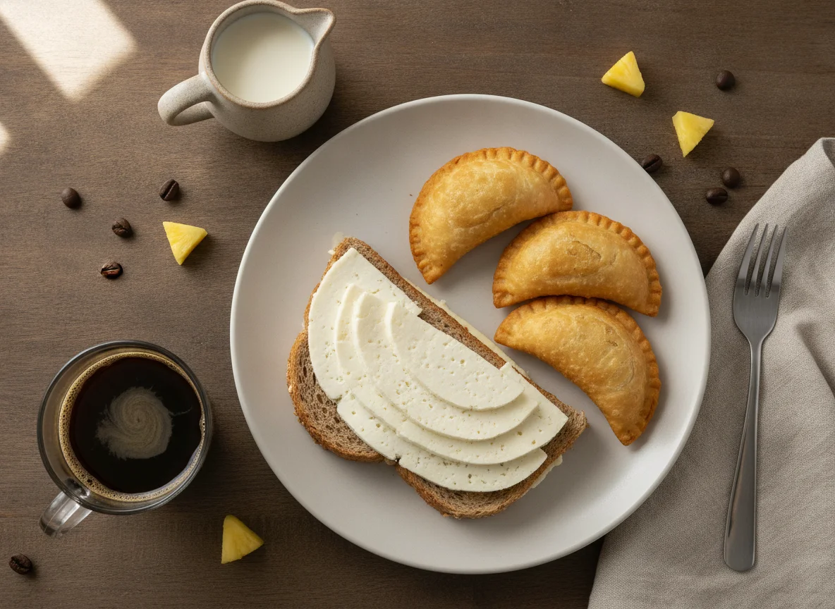 Sándwich de queso Turrialba con café y empanadas de piña photo