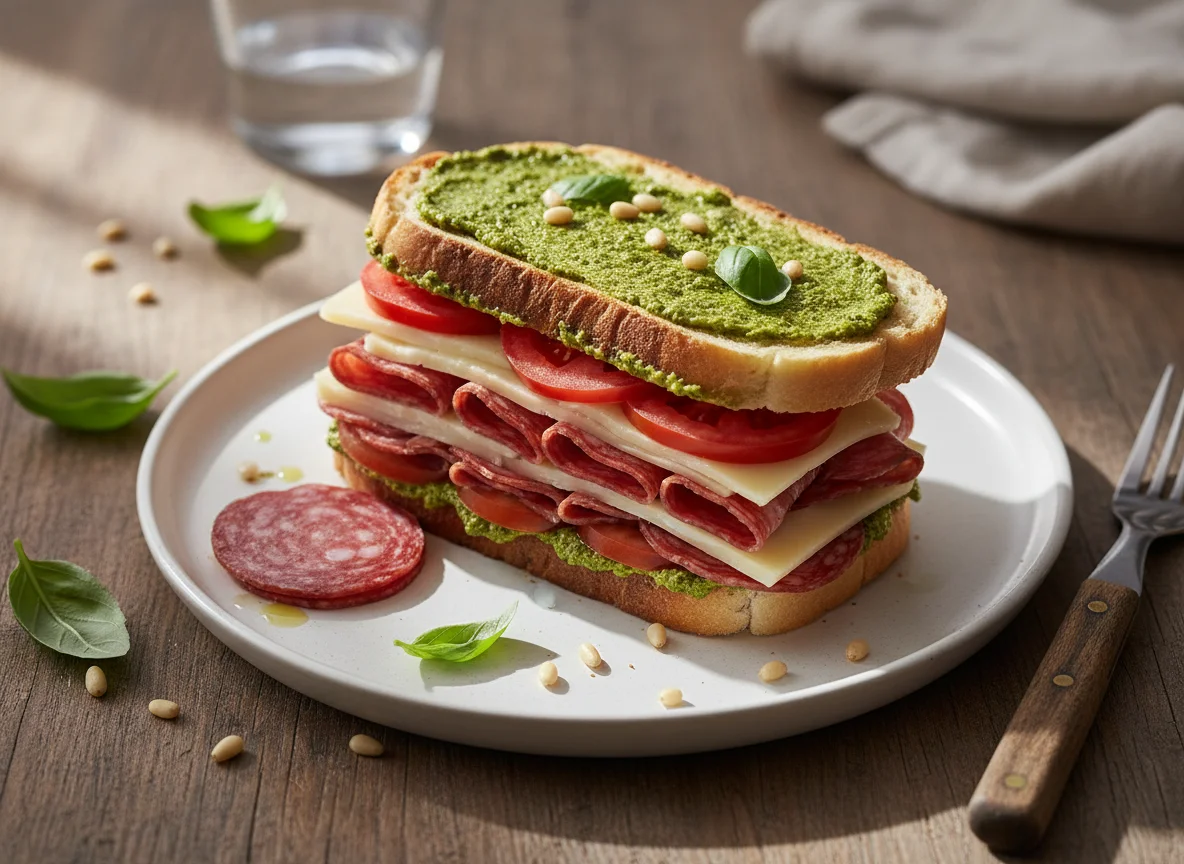 Sándwich de salami con pesto y queso photo
