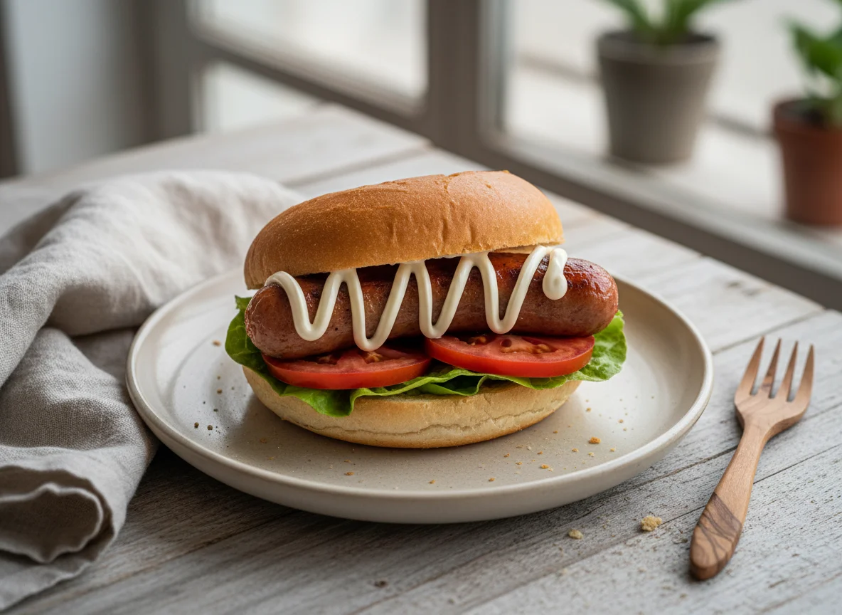 Sándwich de salchicha con lechuga y tomate photo