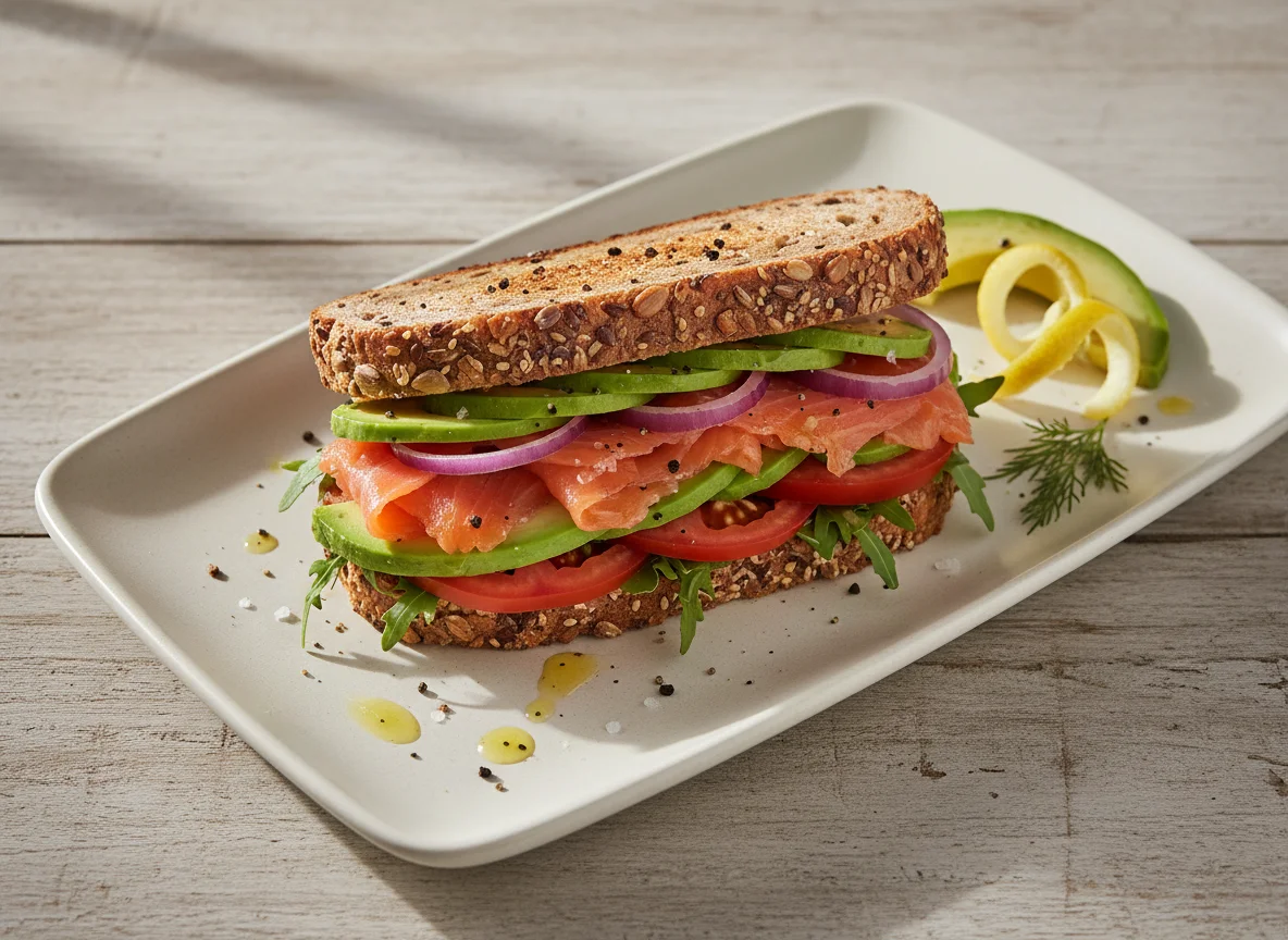 Sándwich de salmón ahumado y aguacate photo