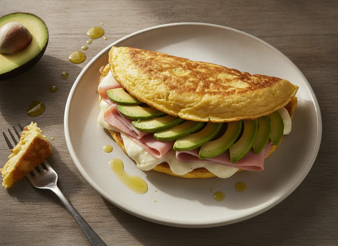 Sándwich de tortilla con jamón, queso y aguacate photo
