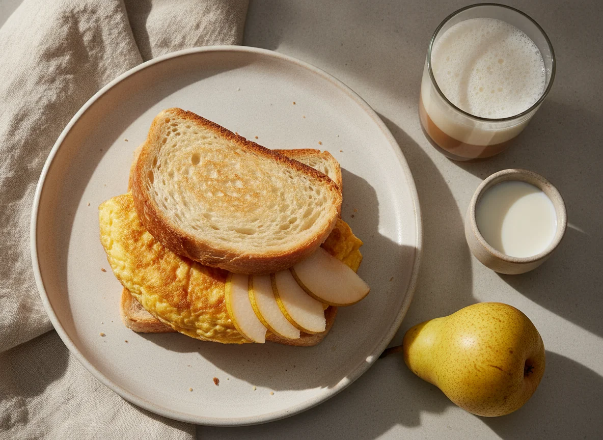 Sándwich de tortilla, pera y café con leche photo
