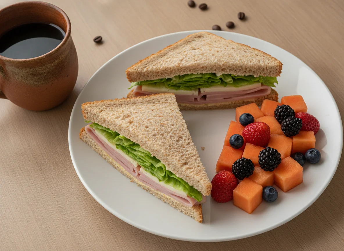 Sándwich integral con fruta mixta y café photo