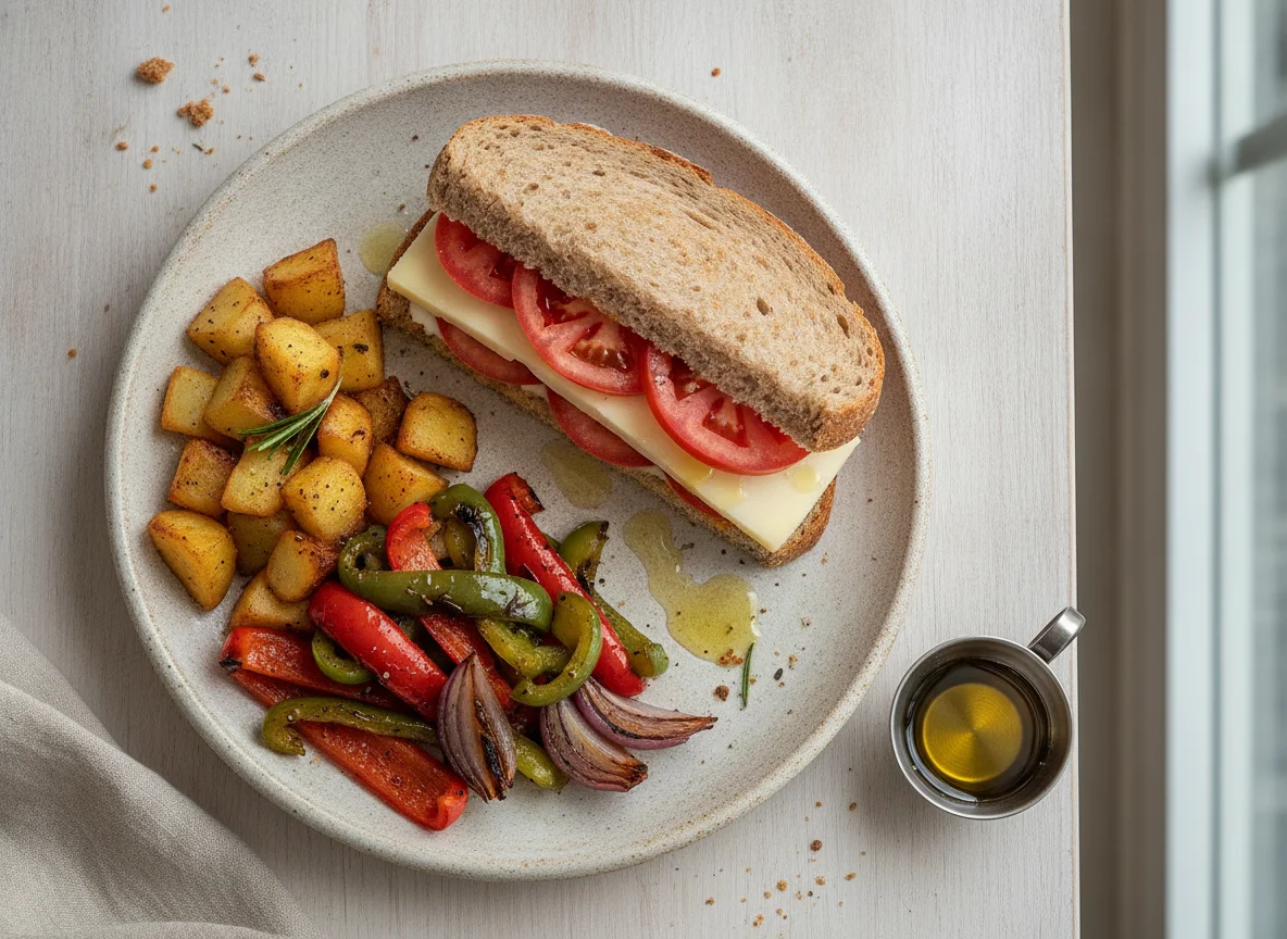 Sándwich integral con guarnición de patatas y verduras asadas photo