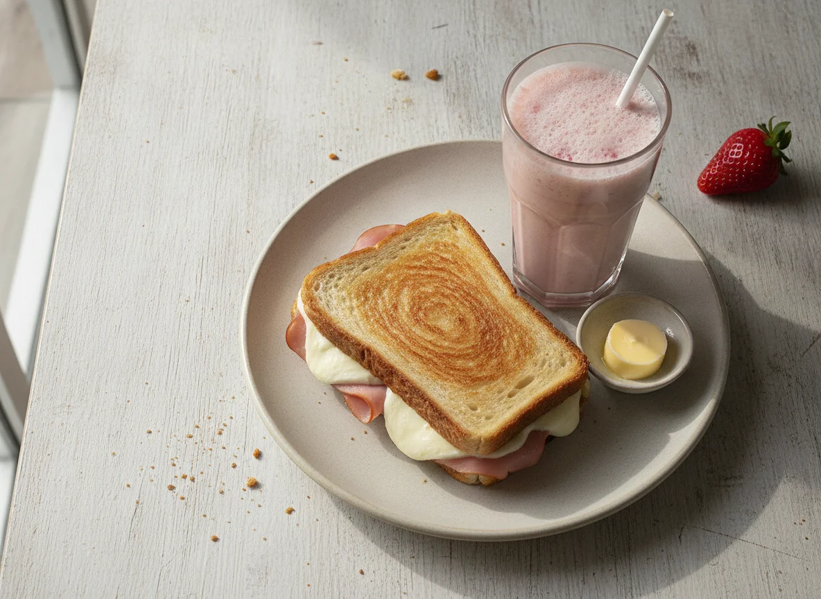 Sándwich Mixto Tostado y Batido de Frutilla photo