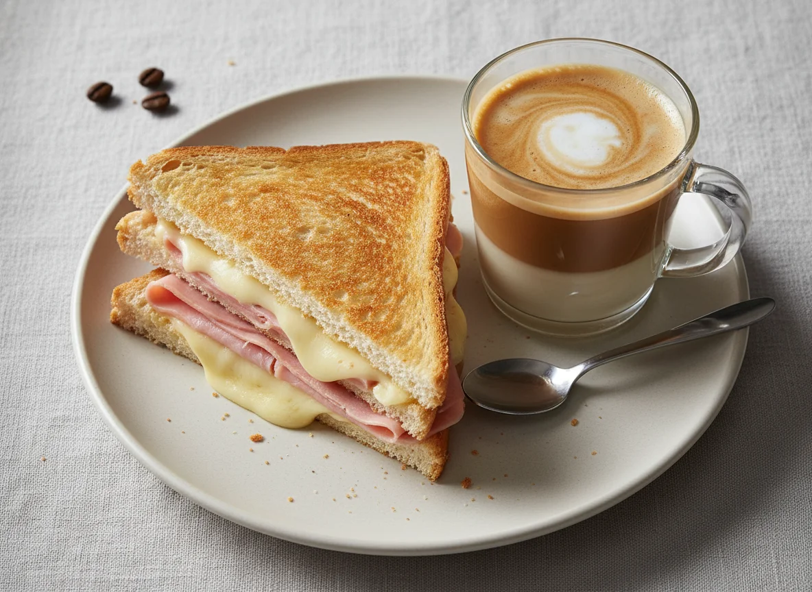 Sandwich mixto y café con leche photo