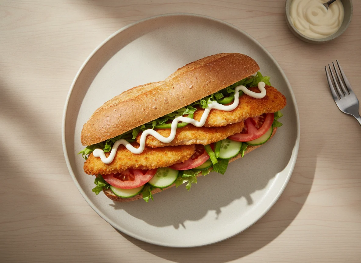 Sándwich tipo submarino de pollo empanizado photo