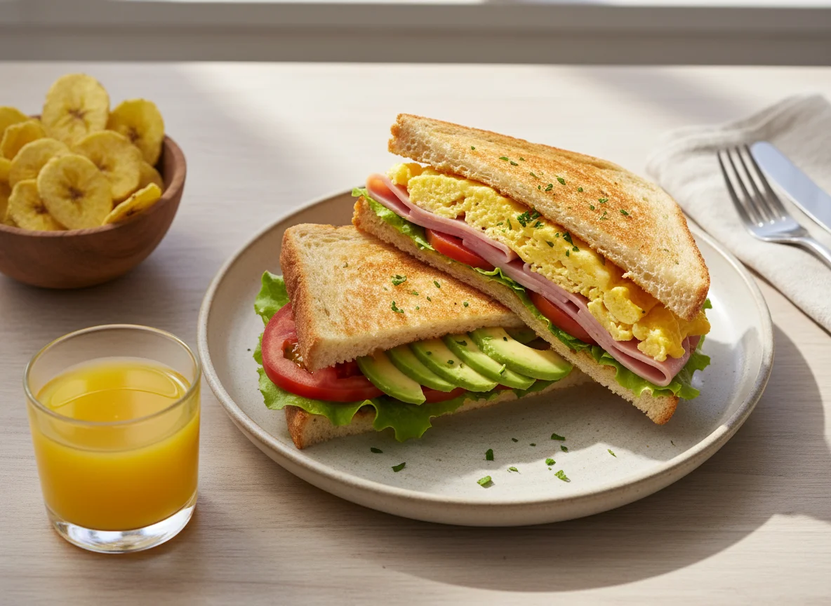 Sándwich tostado con huevo, jamón y vegetales photo