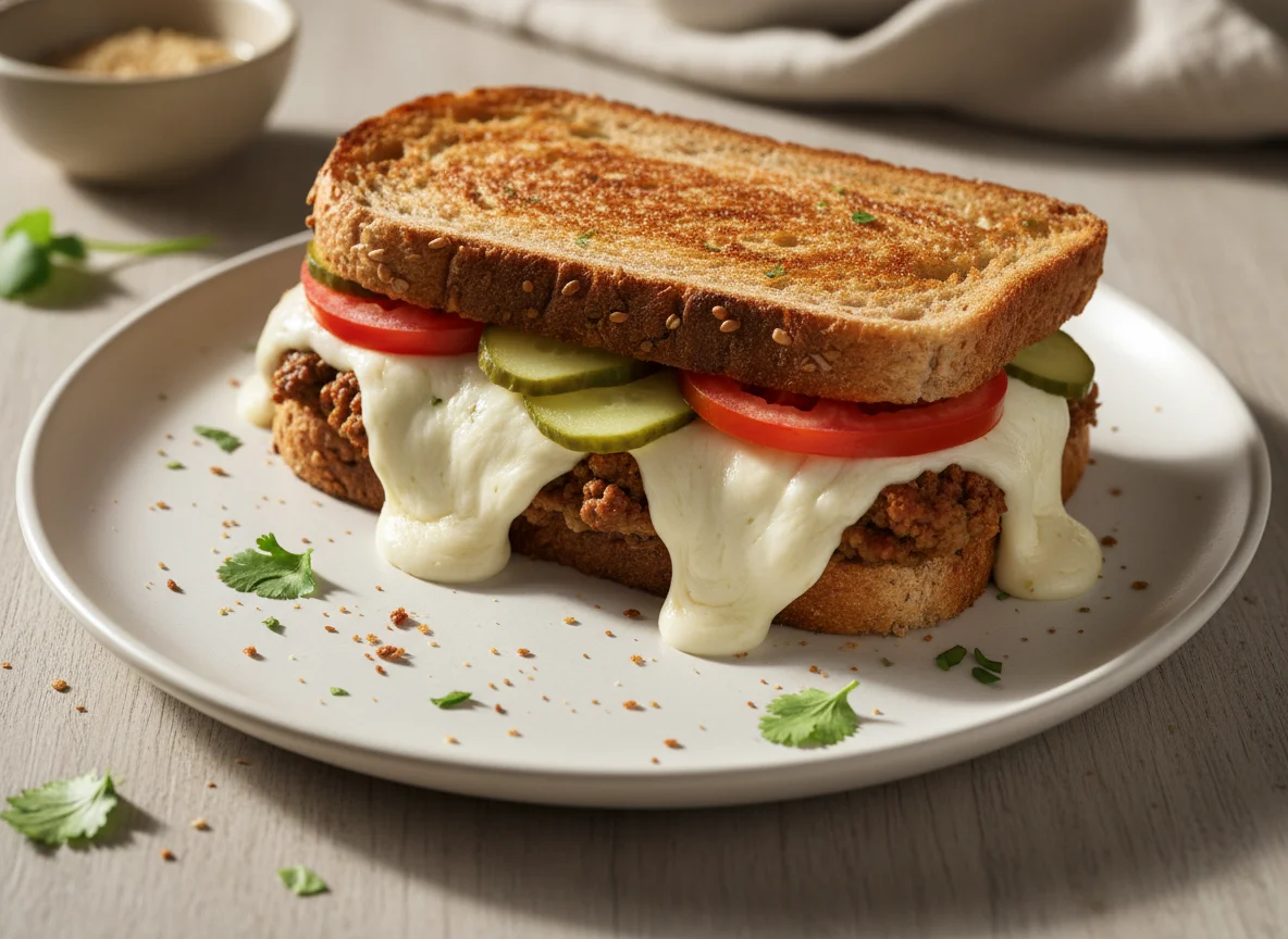 Sándwich tostado con queso y vegetales photo