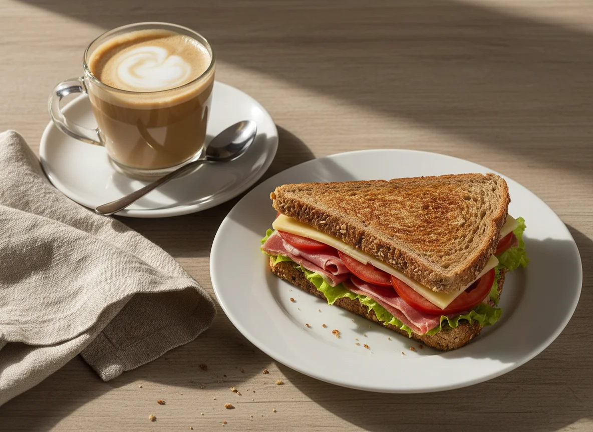 Sándwich tostado y café con leche photo