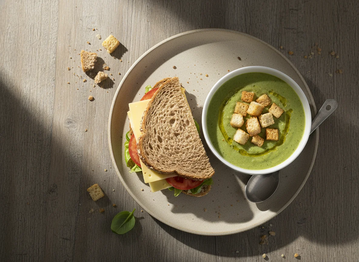 Sándwich y crema de verduras con picatostes photo