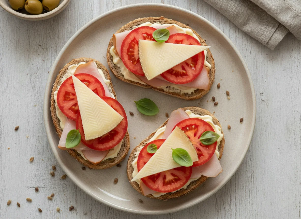 Sándwiches abiertos de jamón, tomate y queso photo